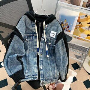 Japanese Vintage Y2k Jackets Hooded Knit Patchwork Fake Two Piece Zipper